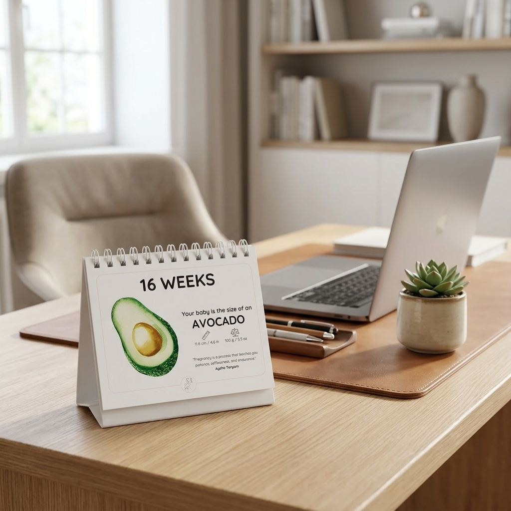 Calendar showing '16 Weeks' with an avocado illustration on a desk with a laptop and plant.