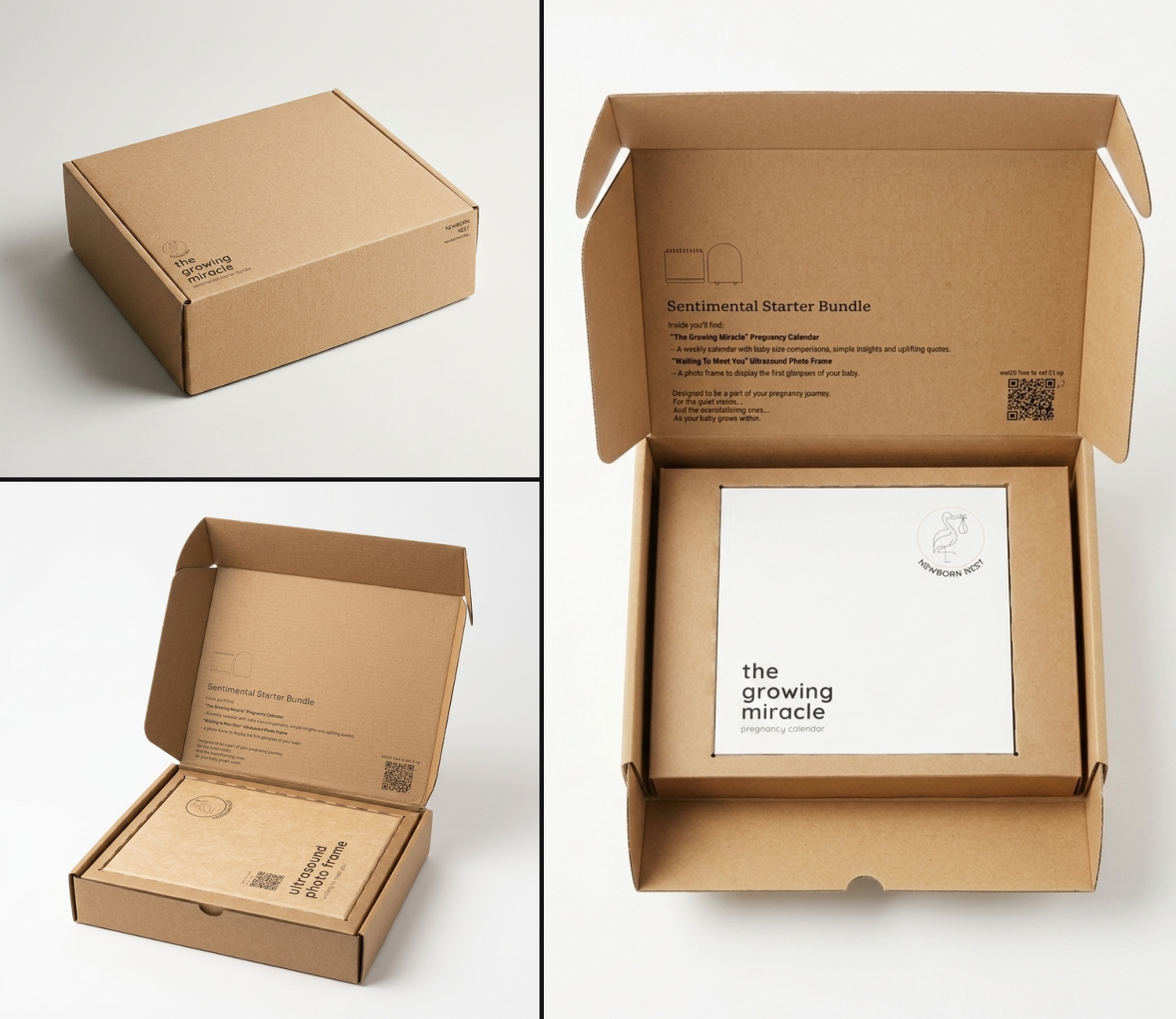 Brown cardboard box with 'the growing miracle' product inside on a white background