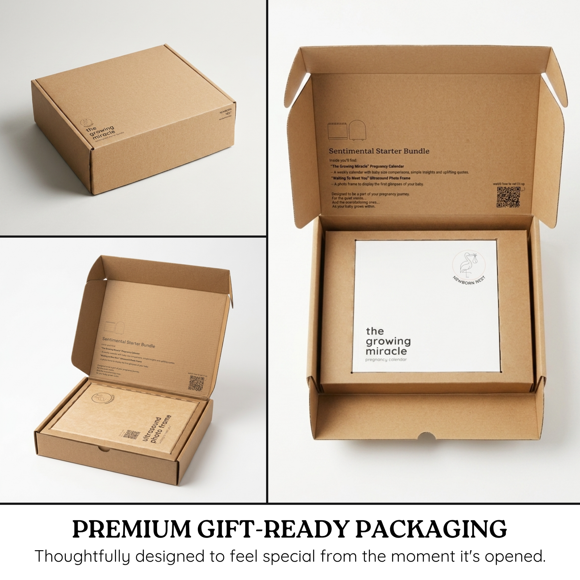 Brown cardboard box with 'the growing miracle' product inside on a white background