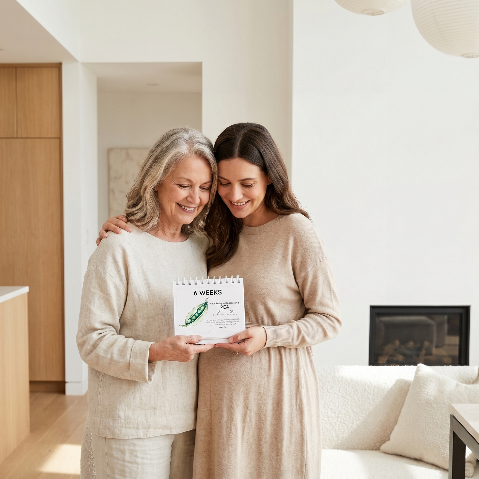 Two women standing in a living room holding pregnancy calendar.