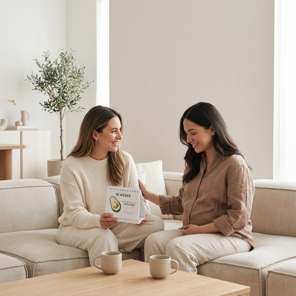 Two women sitting on a couch in a living room, one holding the pregnancy calendar with avocado page open.