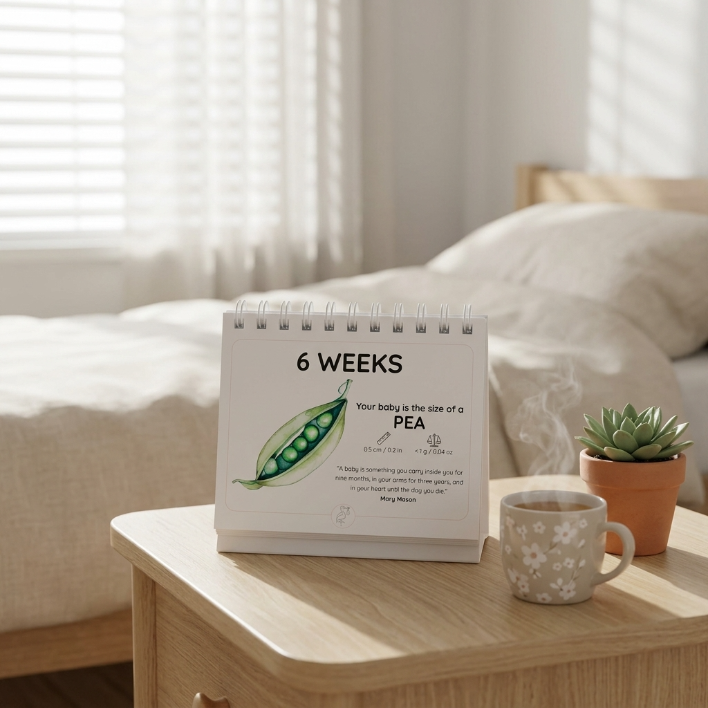 Calendar showing '6 Weeks' with a pea illustration on a table in a bedroom.
