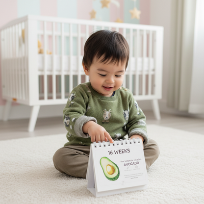 Child holding calendar in a nursery