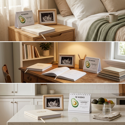 Three-panel lifestyle collage showing a 16-week desk calendar with an avocado graphic, styled on a bedside table, a wooden desk, and a kitchen counter next to framed photos and notebooks.