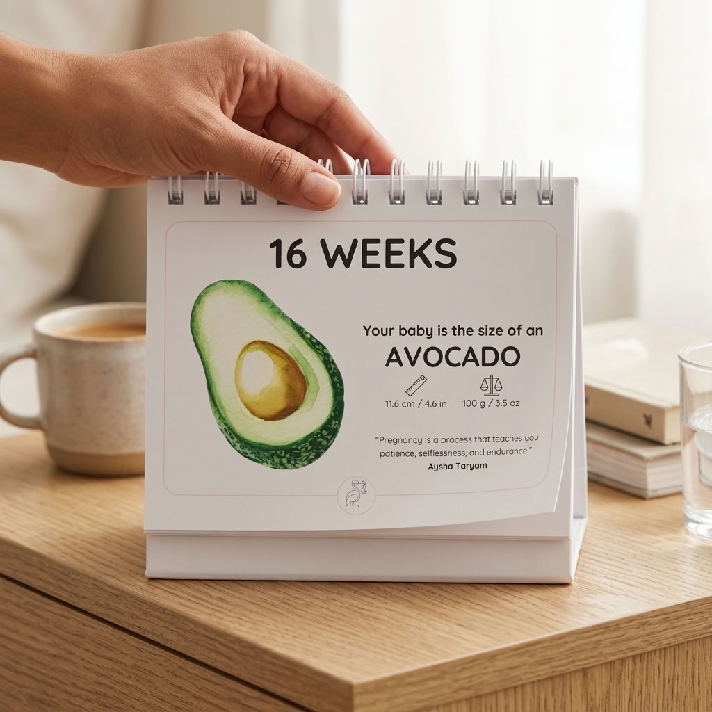 A hand holds a spiral-bound 16-week baby milestone desk calendar showing an avocado graphic and text comparing the baby's size to an avocado. The calendar sits on a wooden table with a coffee cup, books, and a glass of water in a softly lit room.